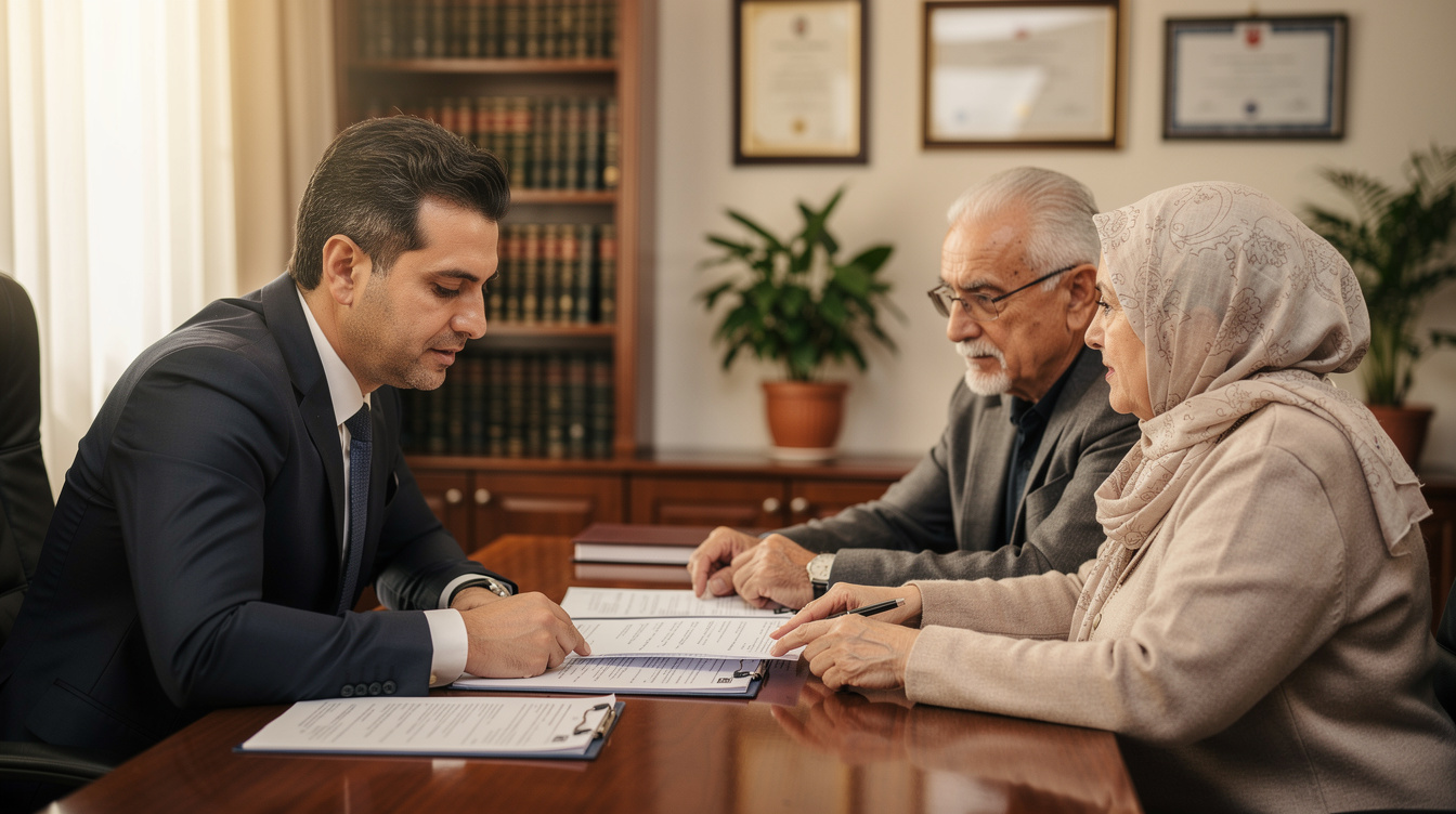 Lawyer explaining inheritance documents to elderly couple